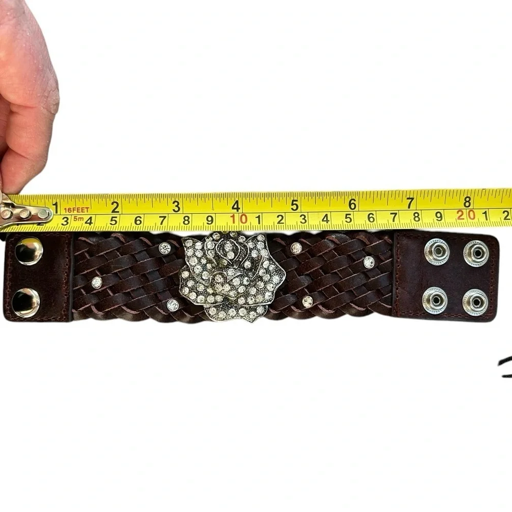 Brown Leather Snap Bracelet‎ w/ Rhinestone Flower